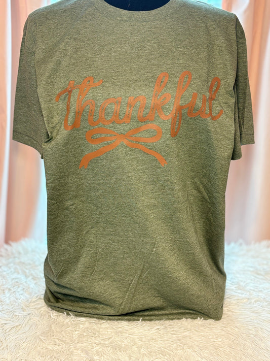 Heather military green heat press t-shirt with 'Thankful' text in brown