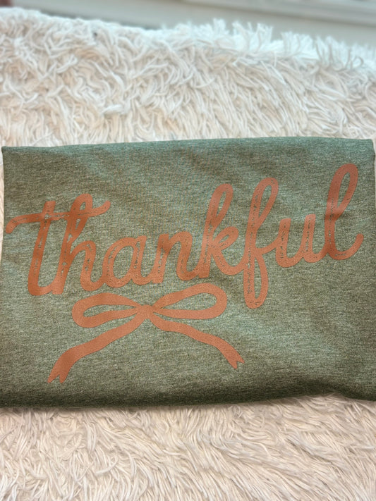 Heather military green heat press t-shirt with 'Thankful' text in brown