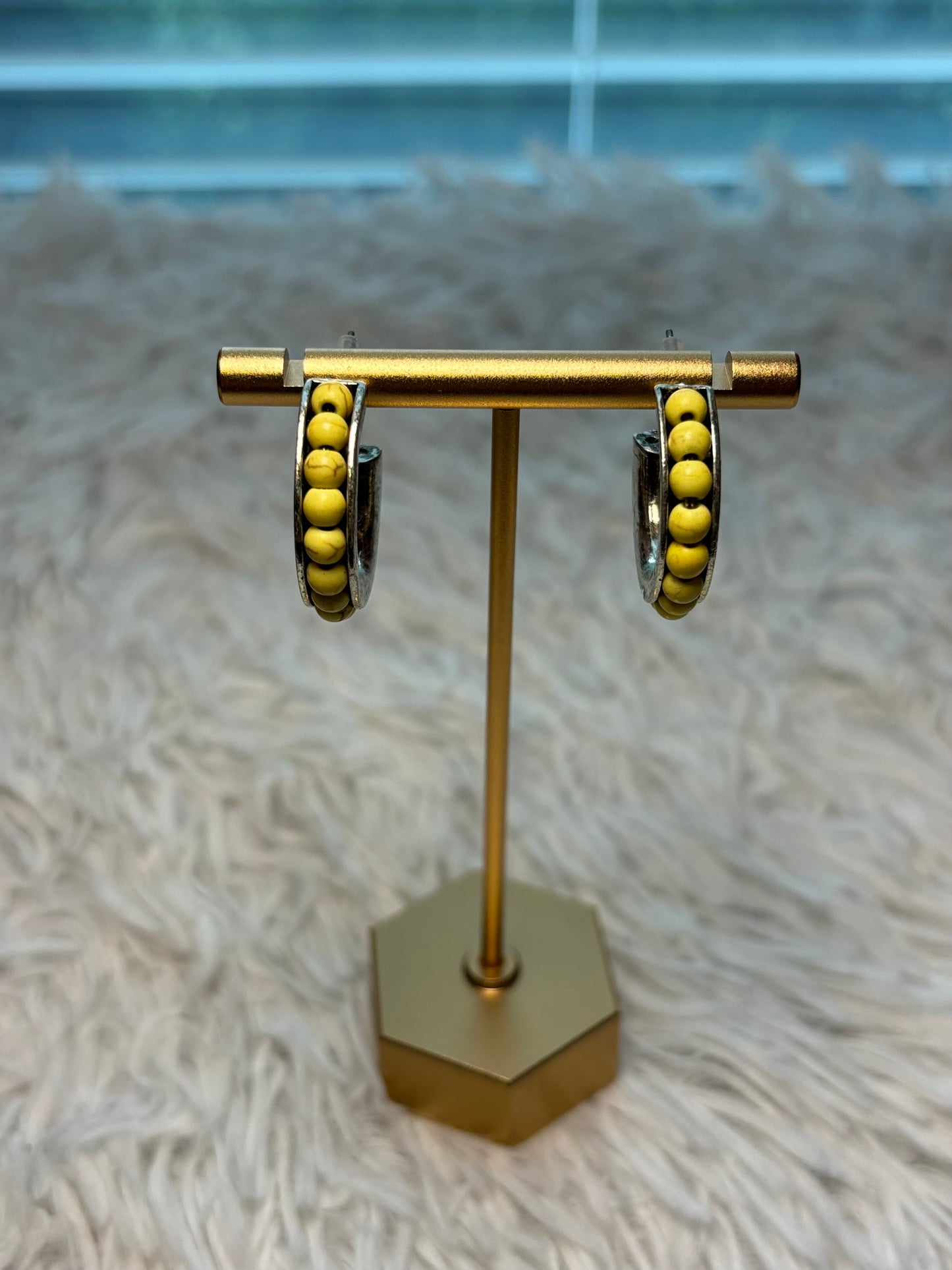 Yellow Round Bead Hoop Earrings