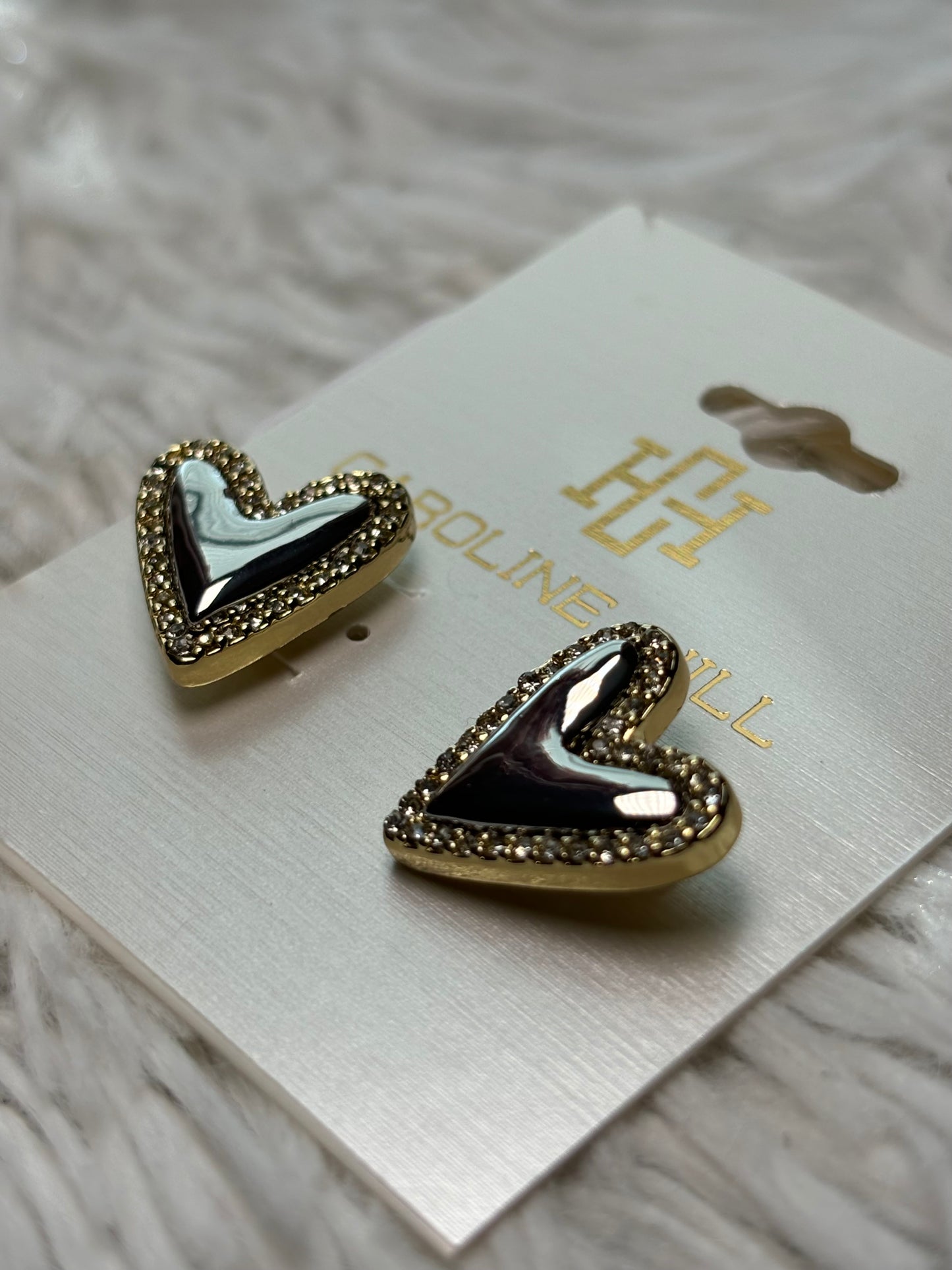 Puff Heart and Crystal Stud Earrings