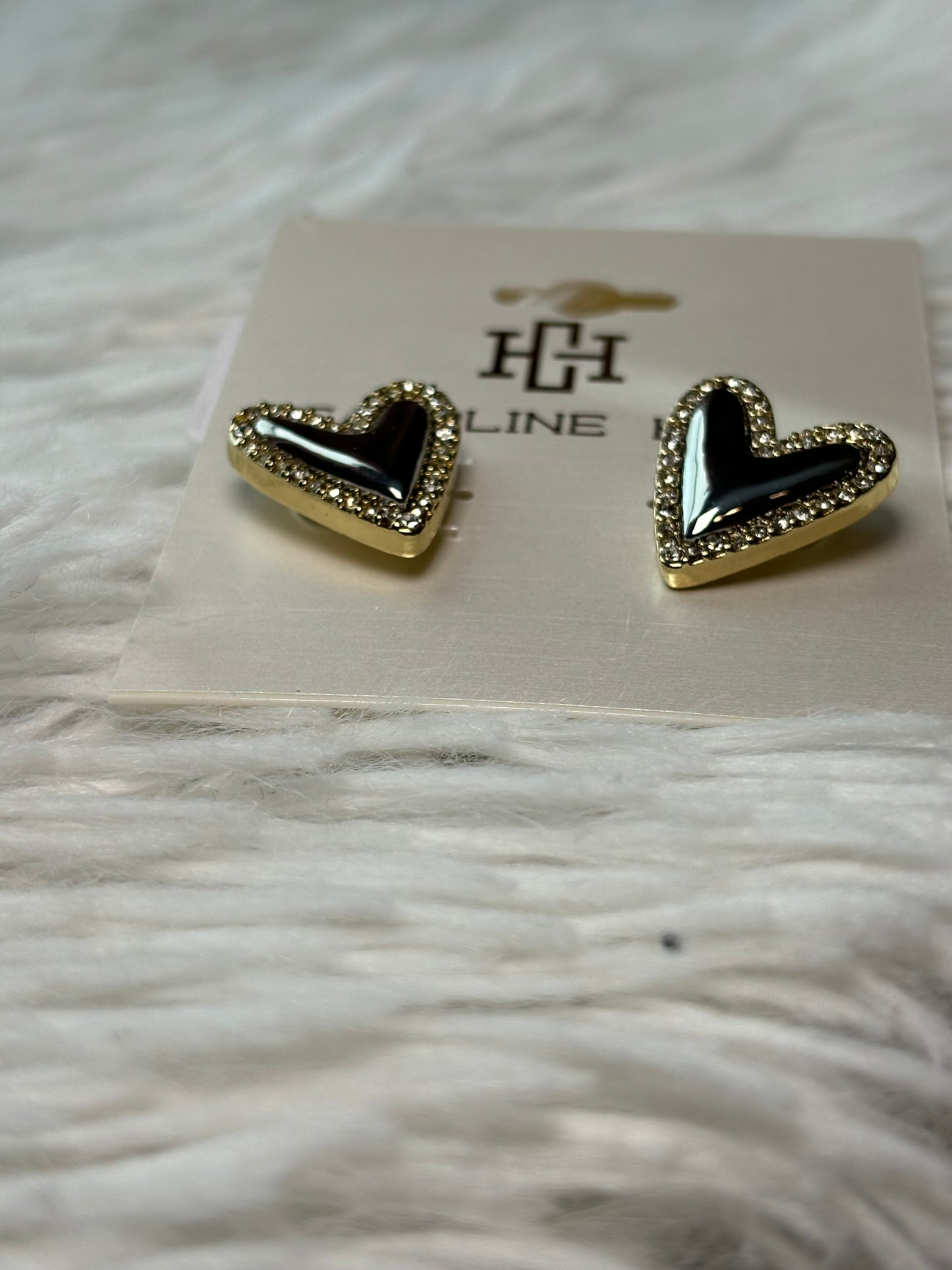 Puff Heart and Crystal Stud Earrings