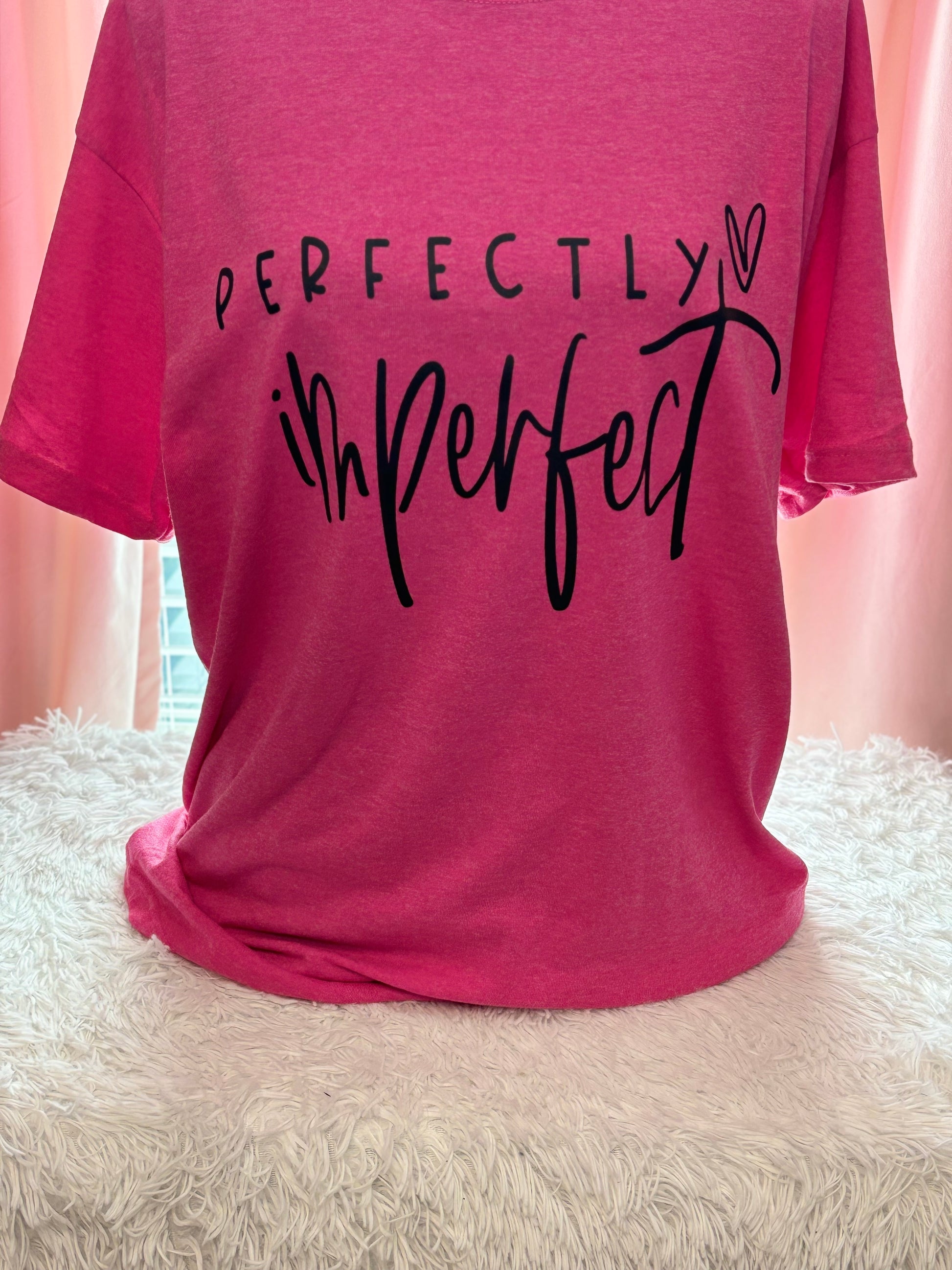 Heather pink heat press t-shirt 'Perfectly Imperfect' text in black