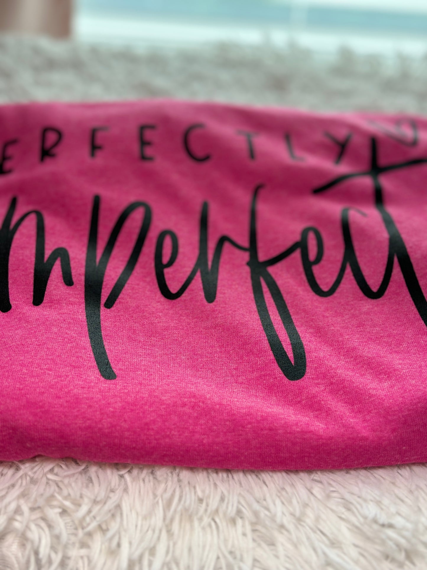 Heather pink heat press t-shirt 'Perfectly Imperfect' text in black