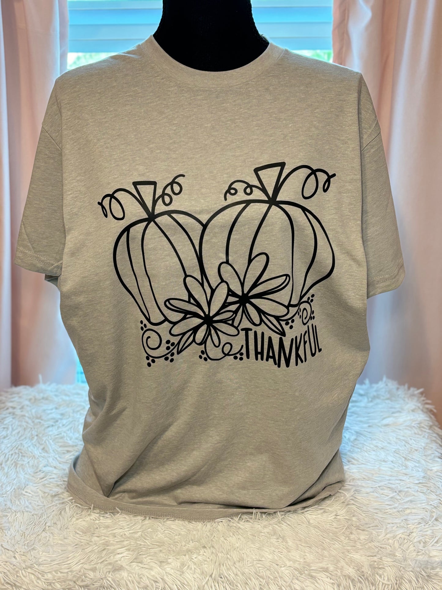 Grey heat press t-shirt with black pumpkin and flower design 