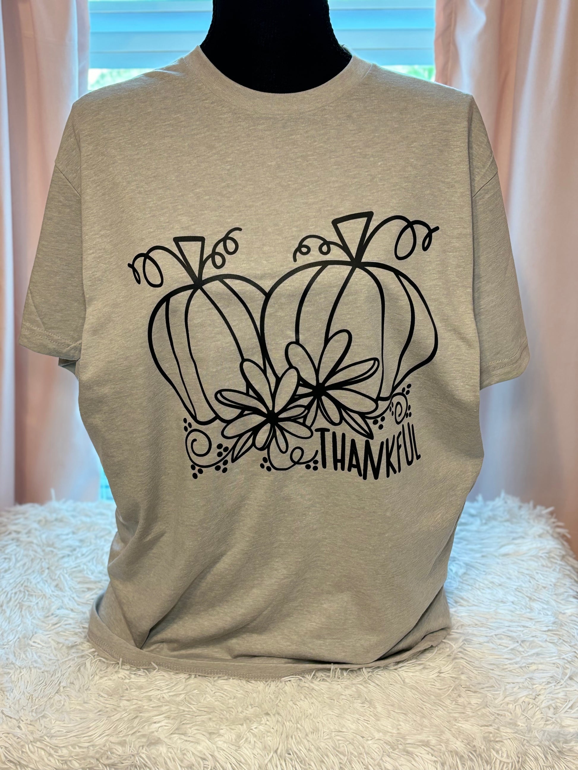 Grey heat press t-shirt with black pumpkin and flower design 