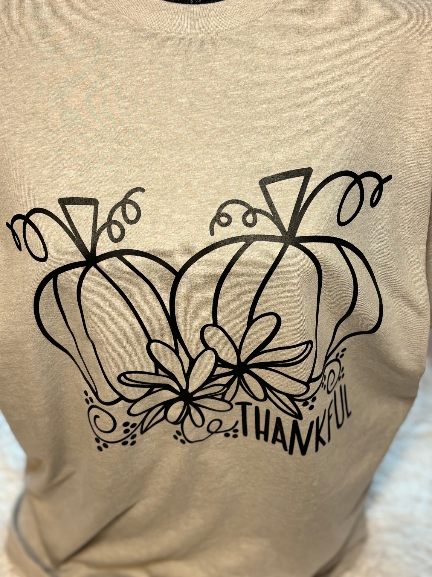 Grey heat press t-shirt with black pumpkin and flower design 