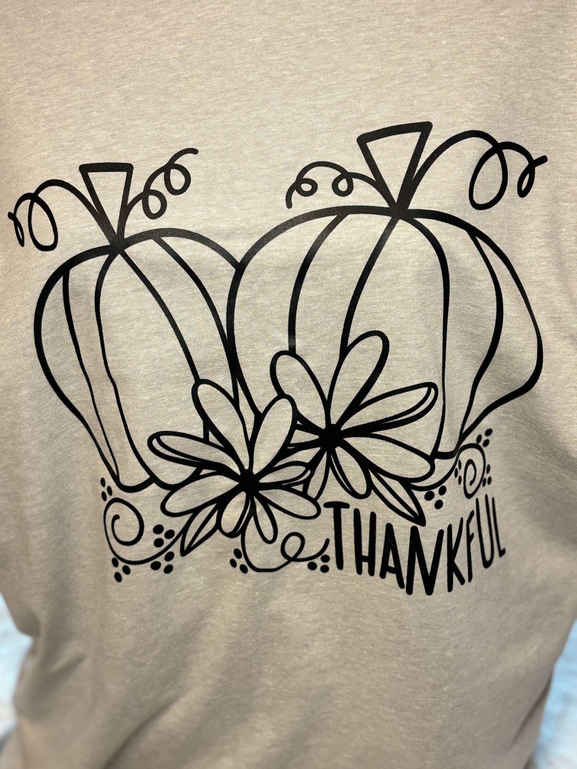 Grey heat press t-shirt with black pumpkin and flower design 