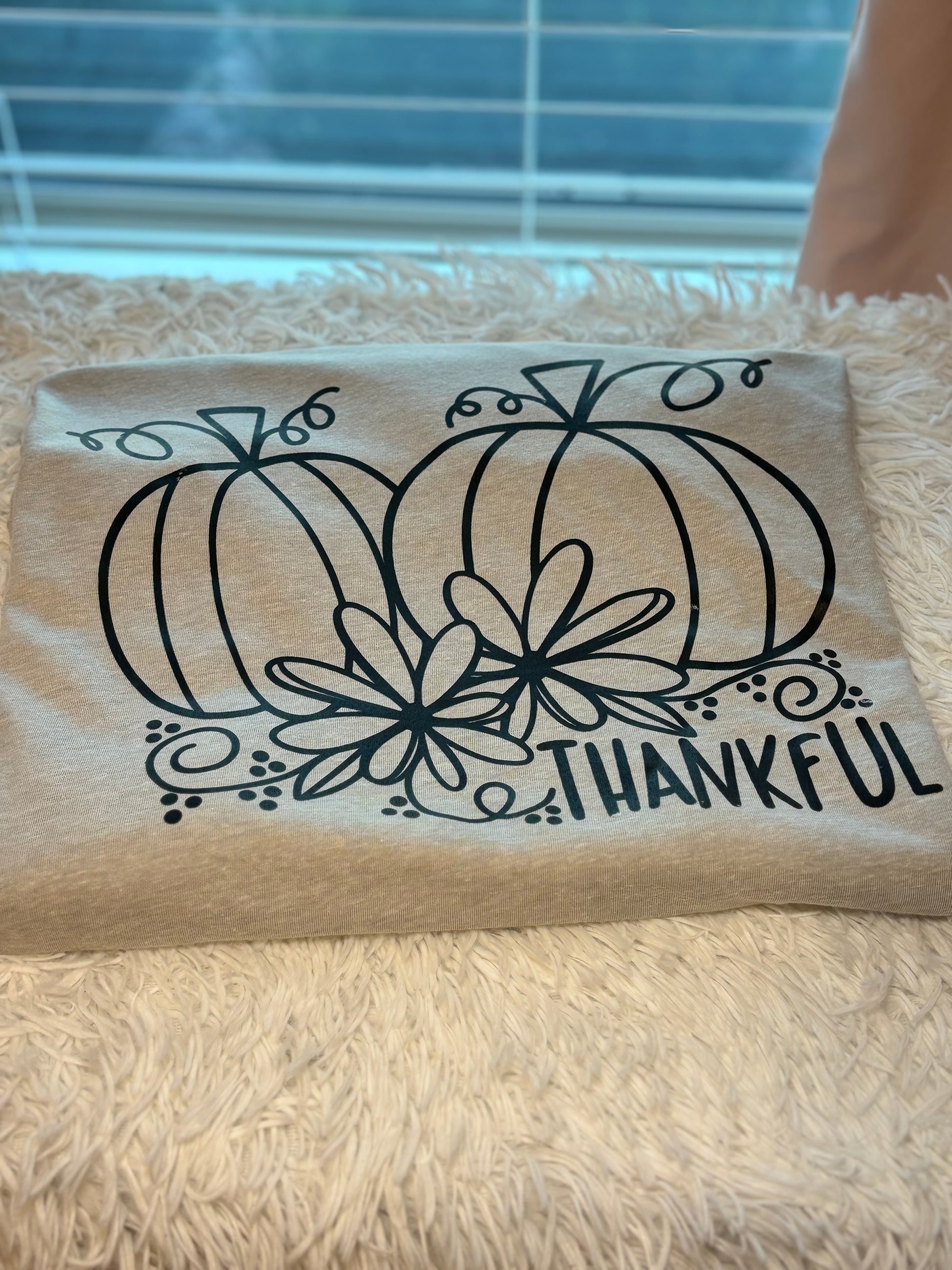 Grey heat press t-shirt with black pumpkin and flower design 