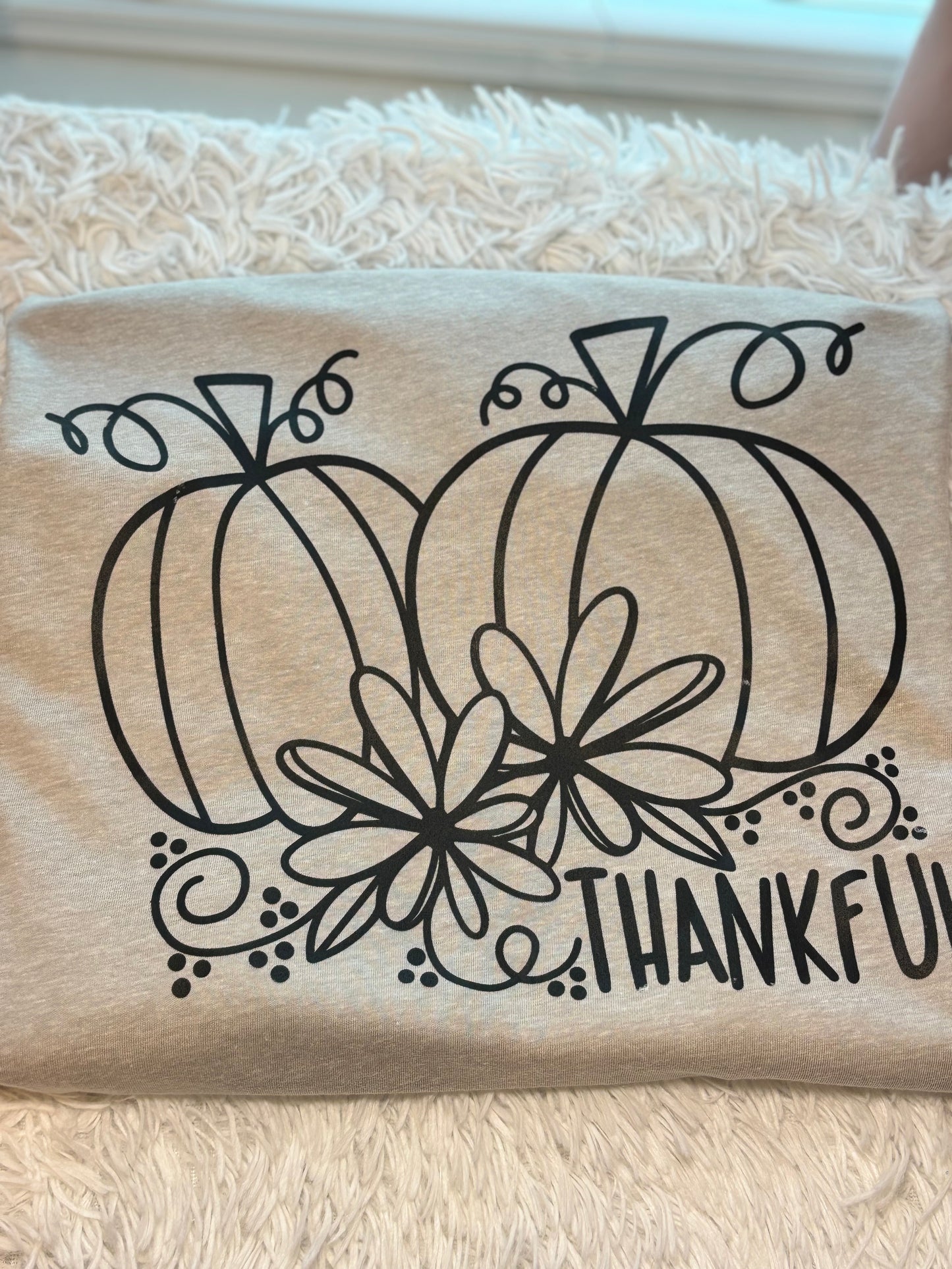 Grey heat press t-shirt with black pumpkin and flower design 