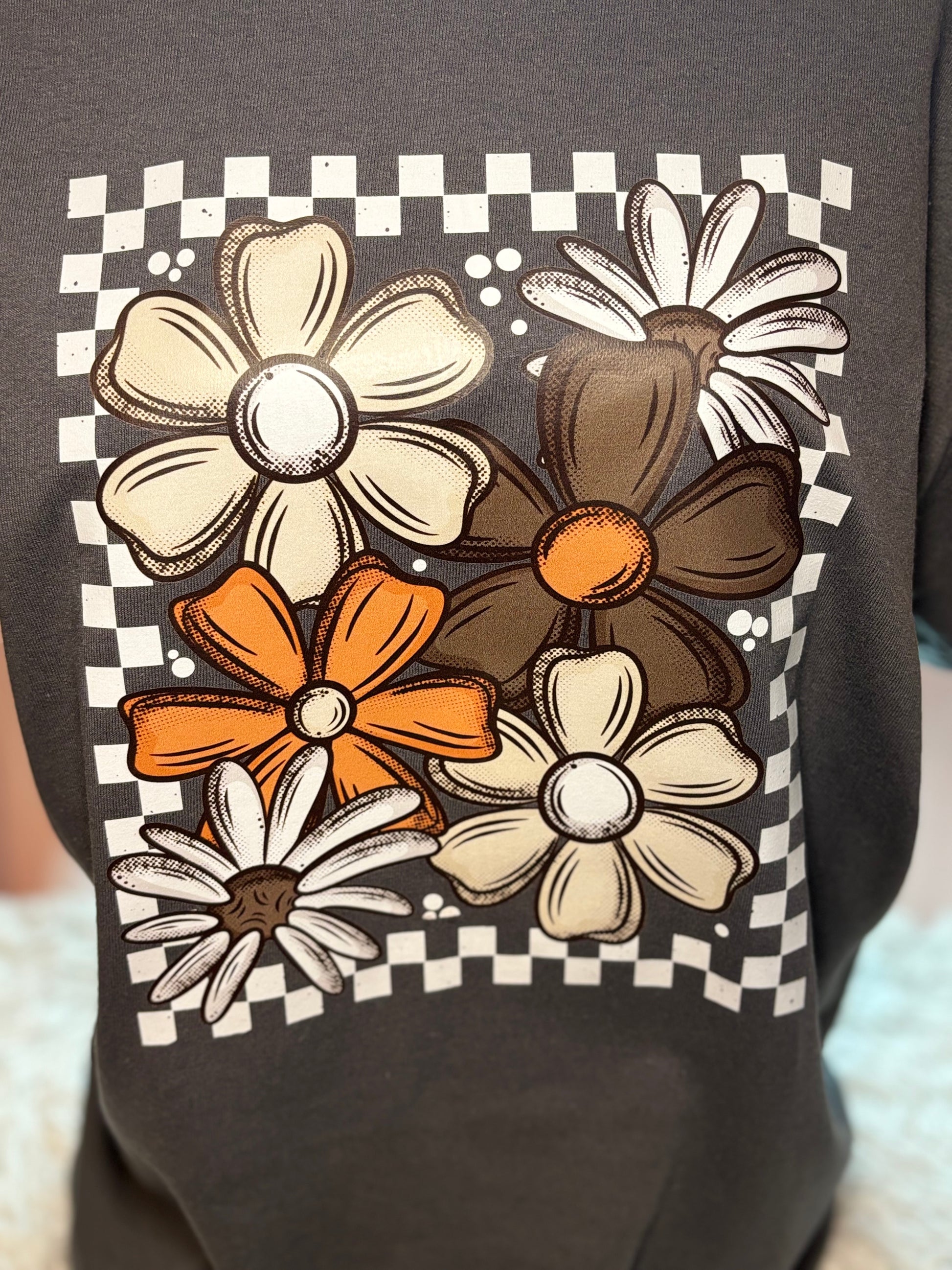 Charcoal t-shirt with heat pressed floral design - fall theme