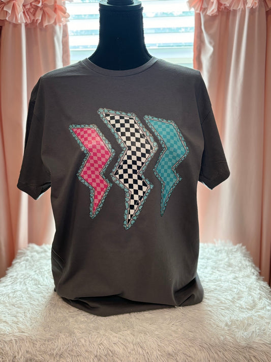 Charcoal heat press t-shirt with colorful lightning bolt designs