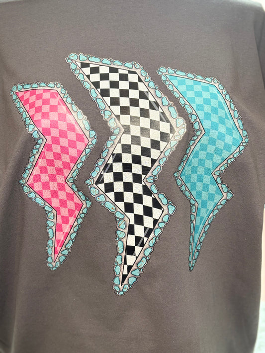 Charcoal heat press t-shirt with colorful lightning bolt designs
