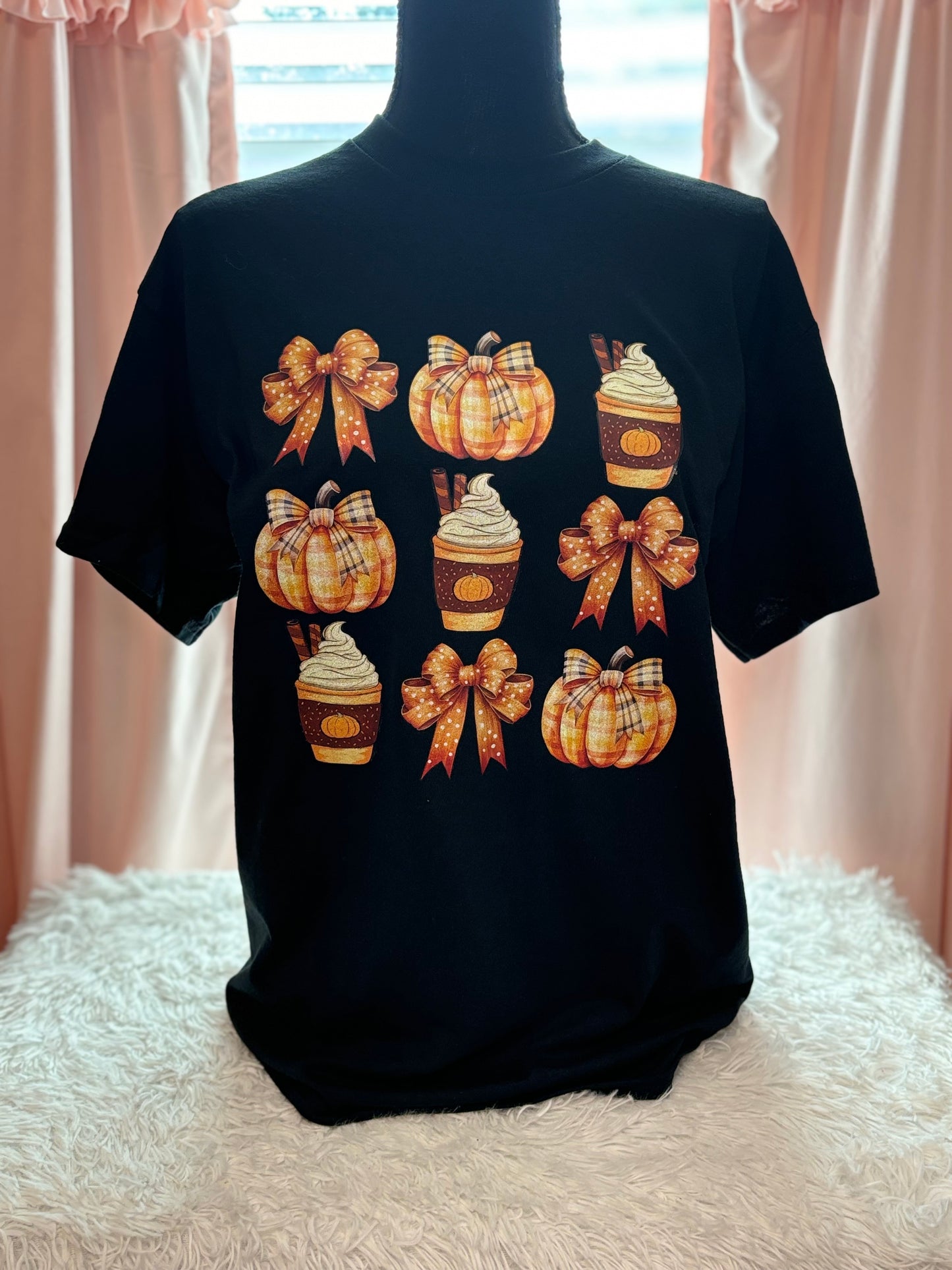 Black heat press t-shirt with glitter fall-themed graphics- Bows, pumpkin, latte