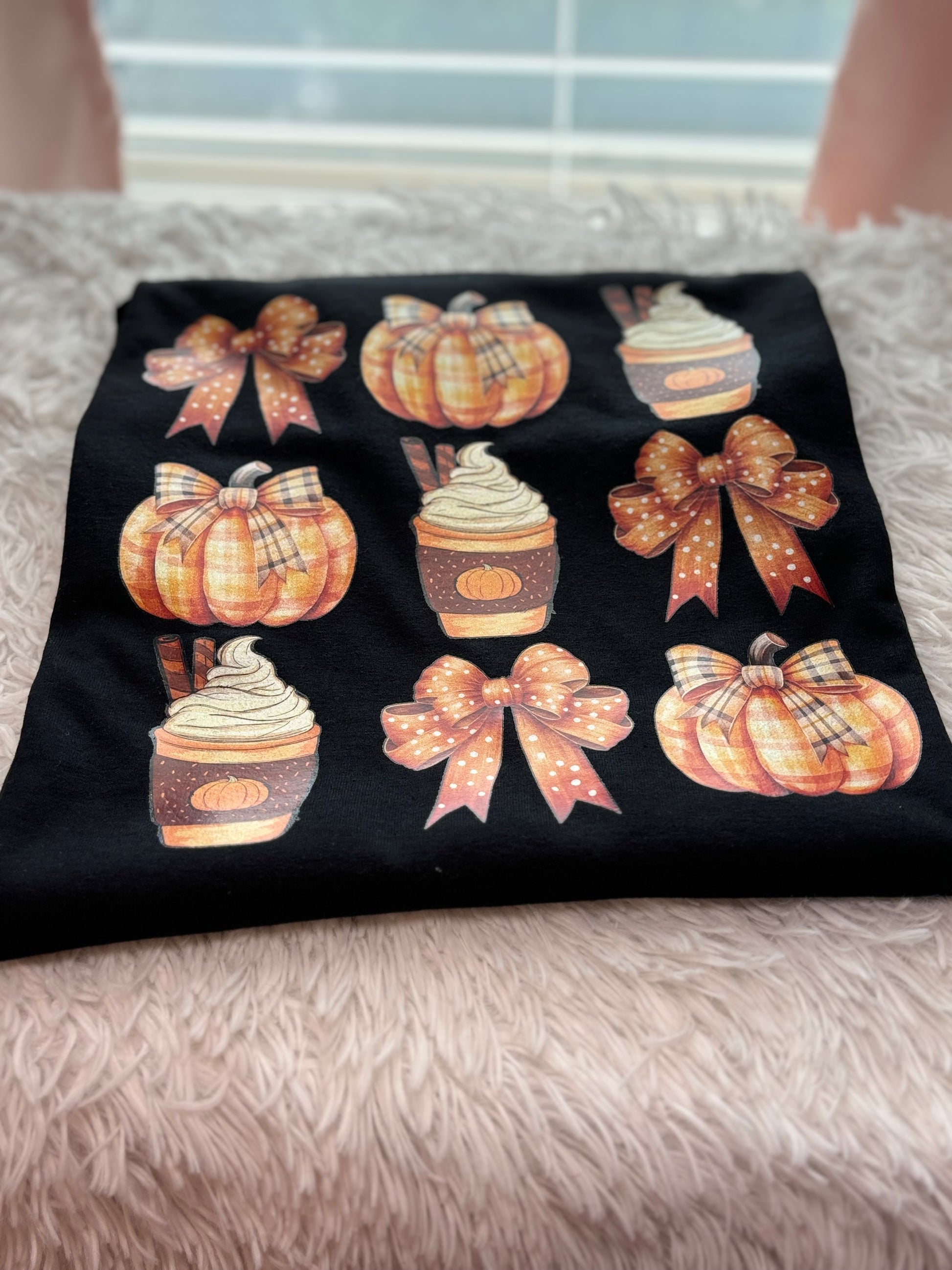 Black heat press t-shirt with glitter fall-themed graphics- Bows, pumpkin, latte