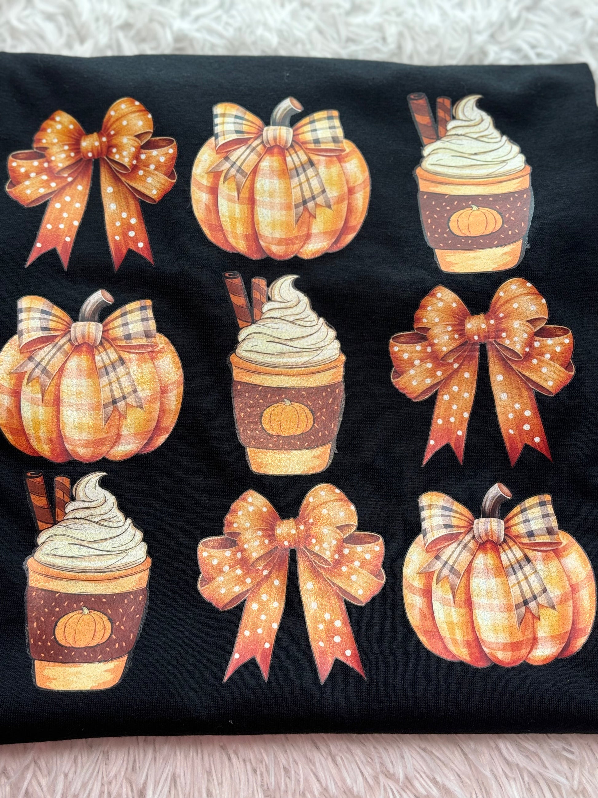 Black heat press t-shirt with glitter fall-themed graphics- Bows, pumpkin, latte