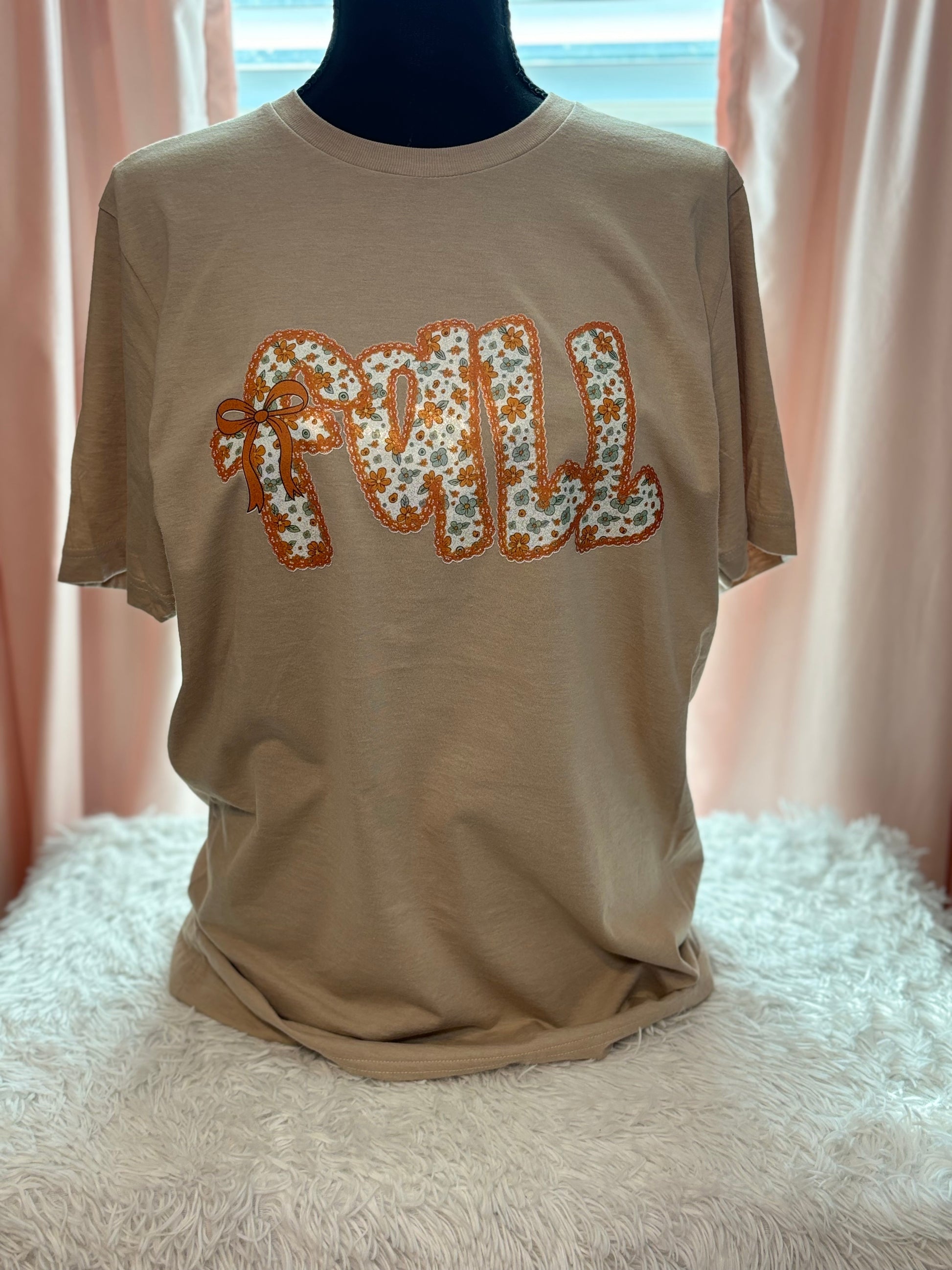 Beige t-shirt with heat pressed floral 'Fall' design 