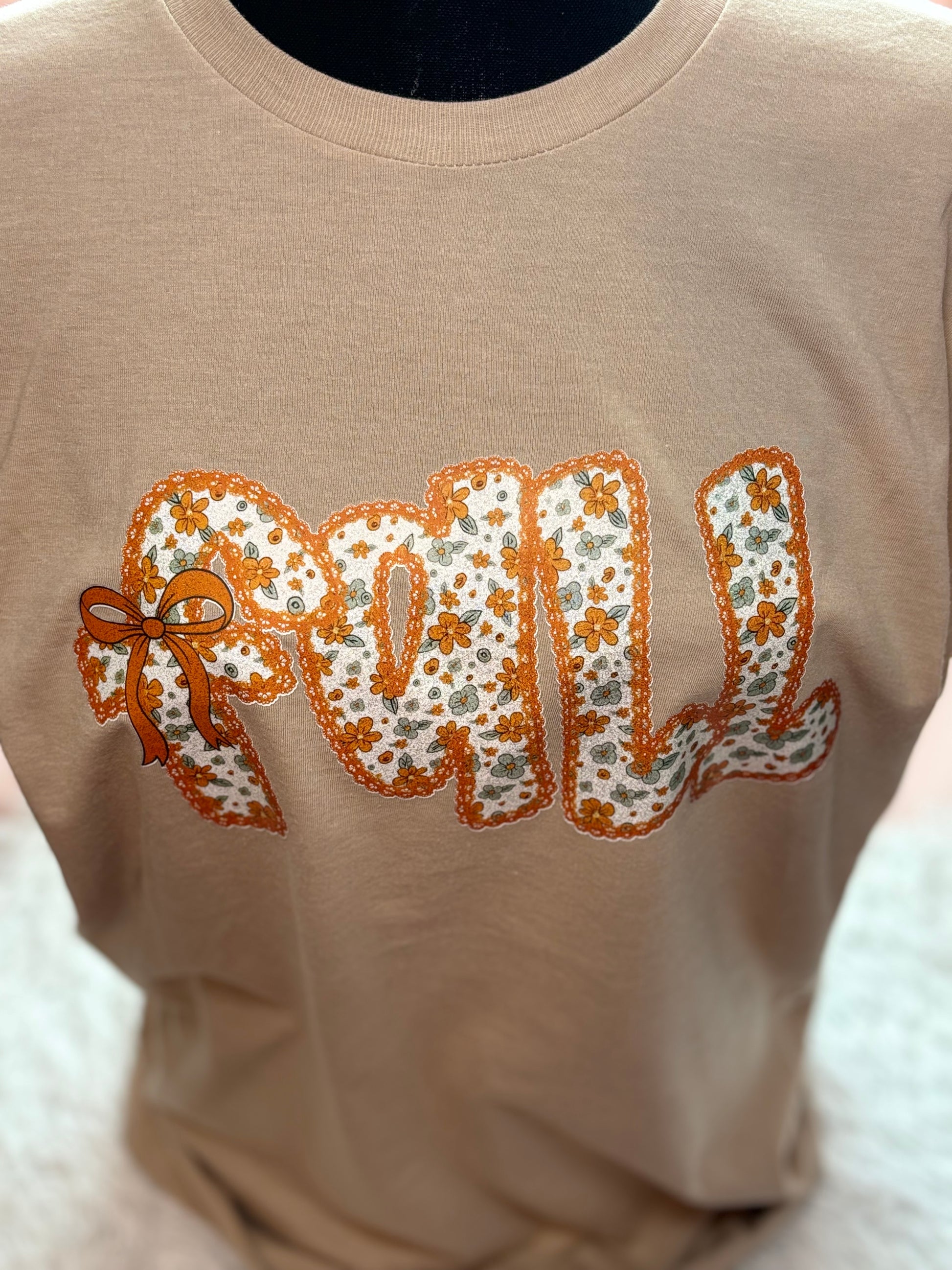 Beige t-shirt with heat pressed floral 'Fall' design 