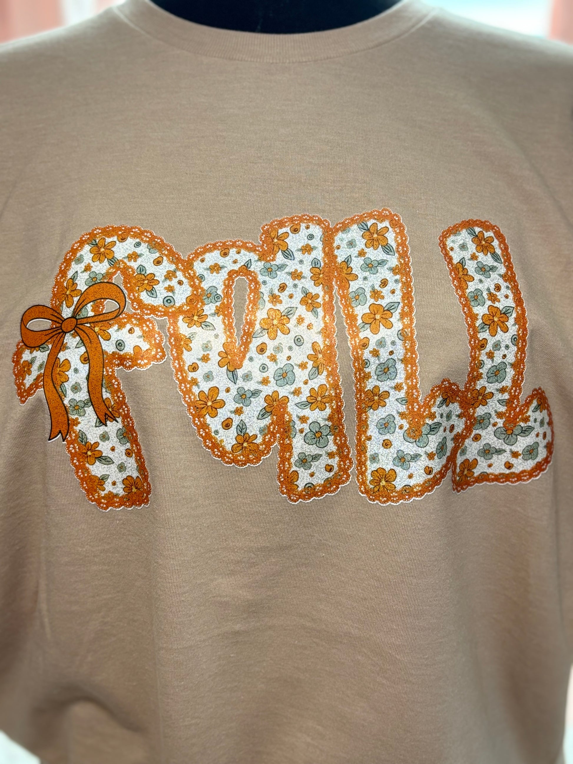 Beige t-shirt with heat pressed floral 'Fall' design 