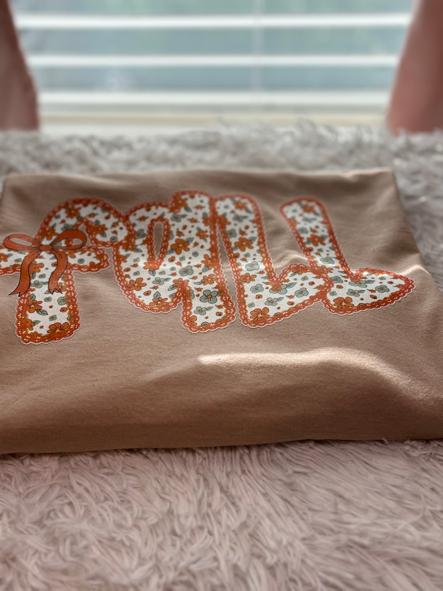 Beige t-shirt with heat pressed floral 'Fall' design 