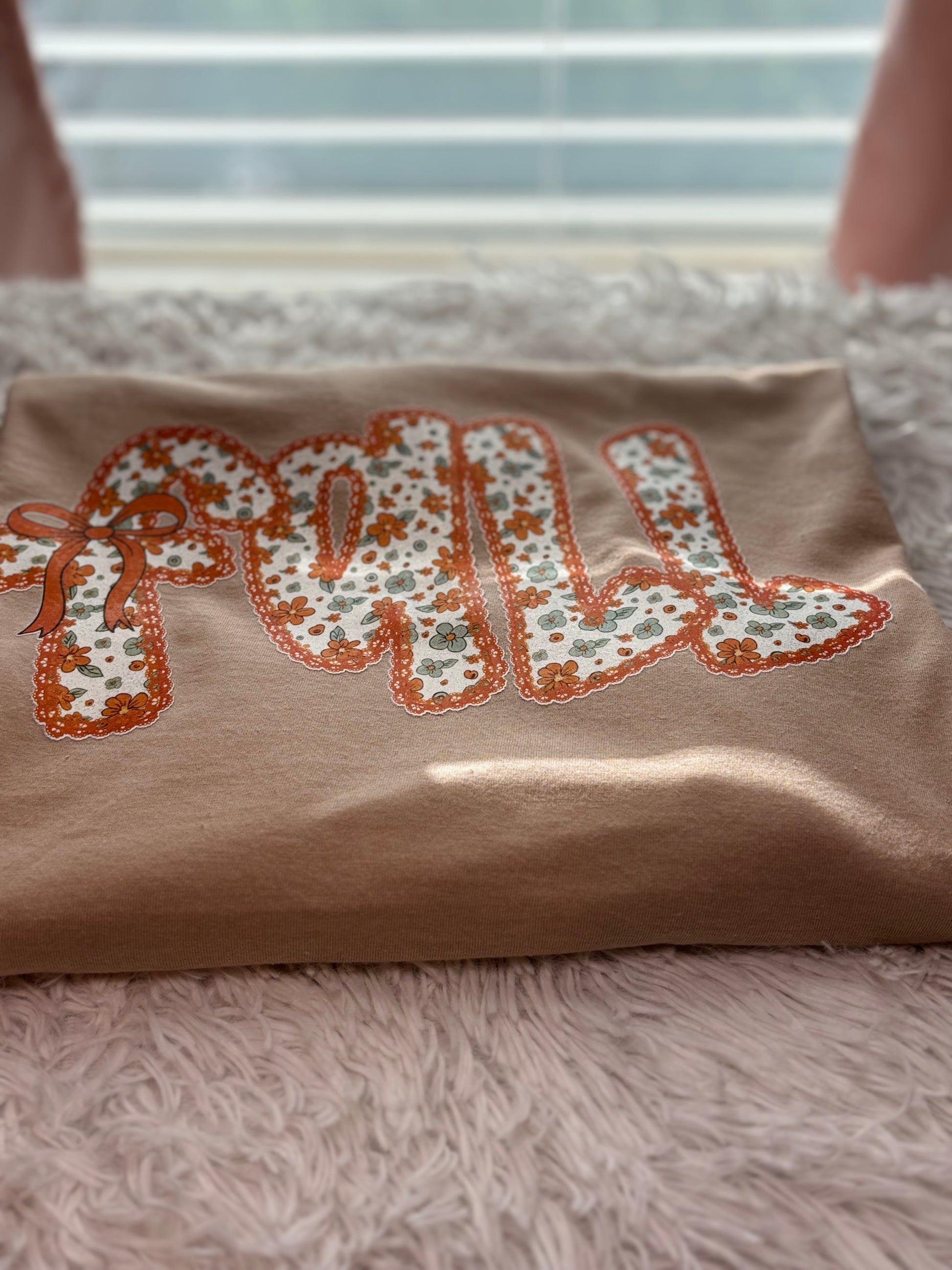 Beige t-shirt with heat pressed floral 'Fall' design 