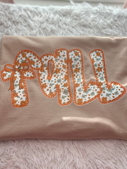 Beige t-shirt with heat pressed floral 'Fall' design