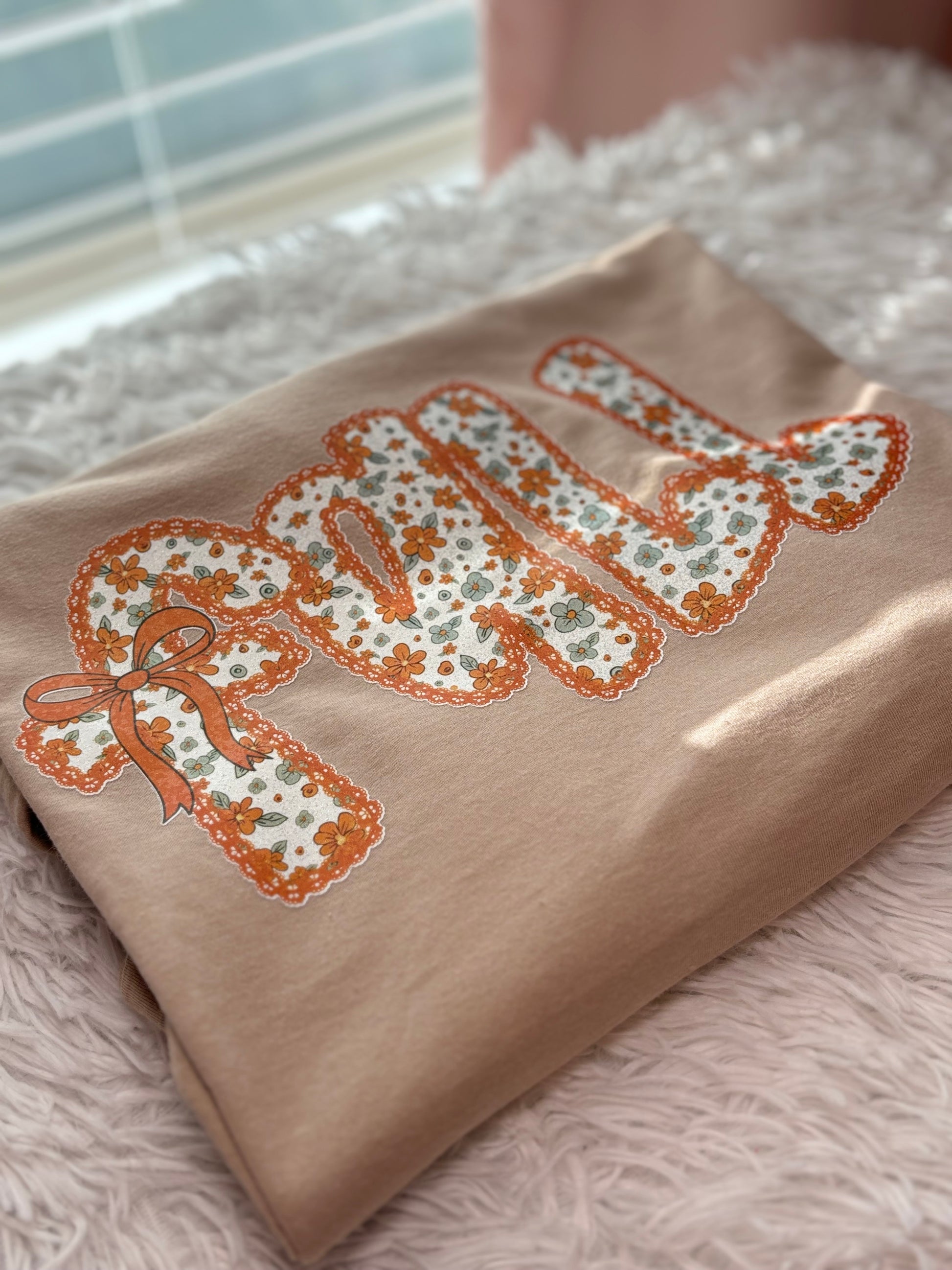 Beige t-shirt with heat pressed floral 'Fall' design 