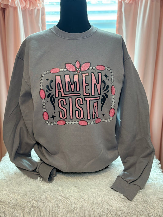 Gray sweatshirt with heat press glitter 'Amen Sista' text