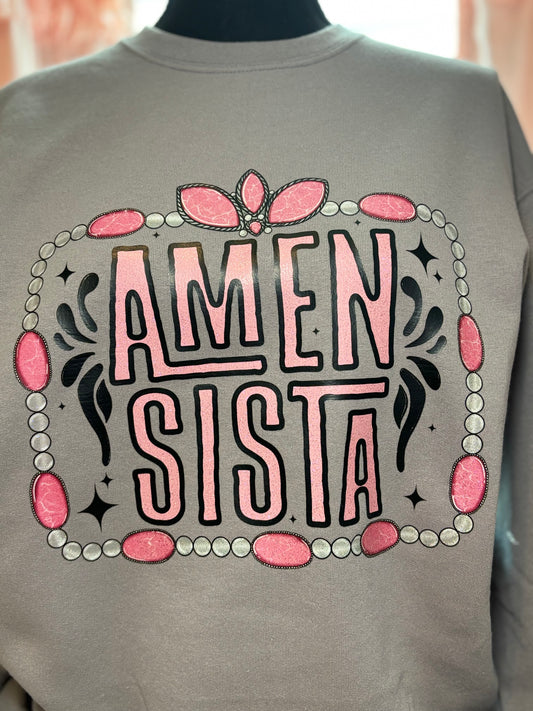 Gray sweatshirt with heat press glitter 'Amen Sista' text