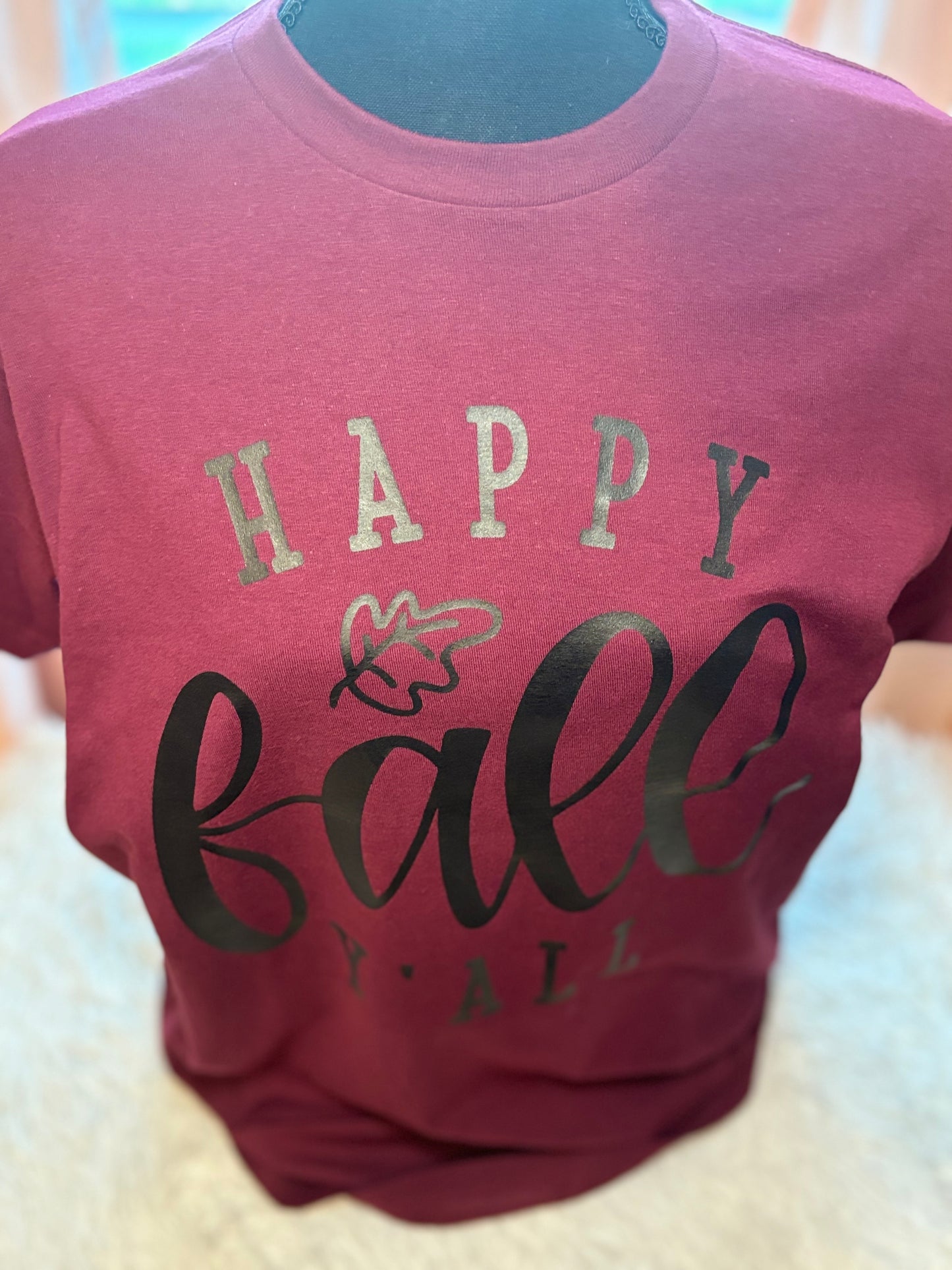 Maroon heat press t-shirt with 'Happy Fall Y'All' text in black