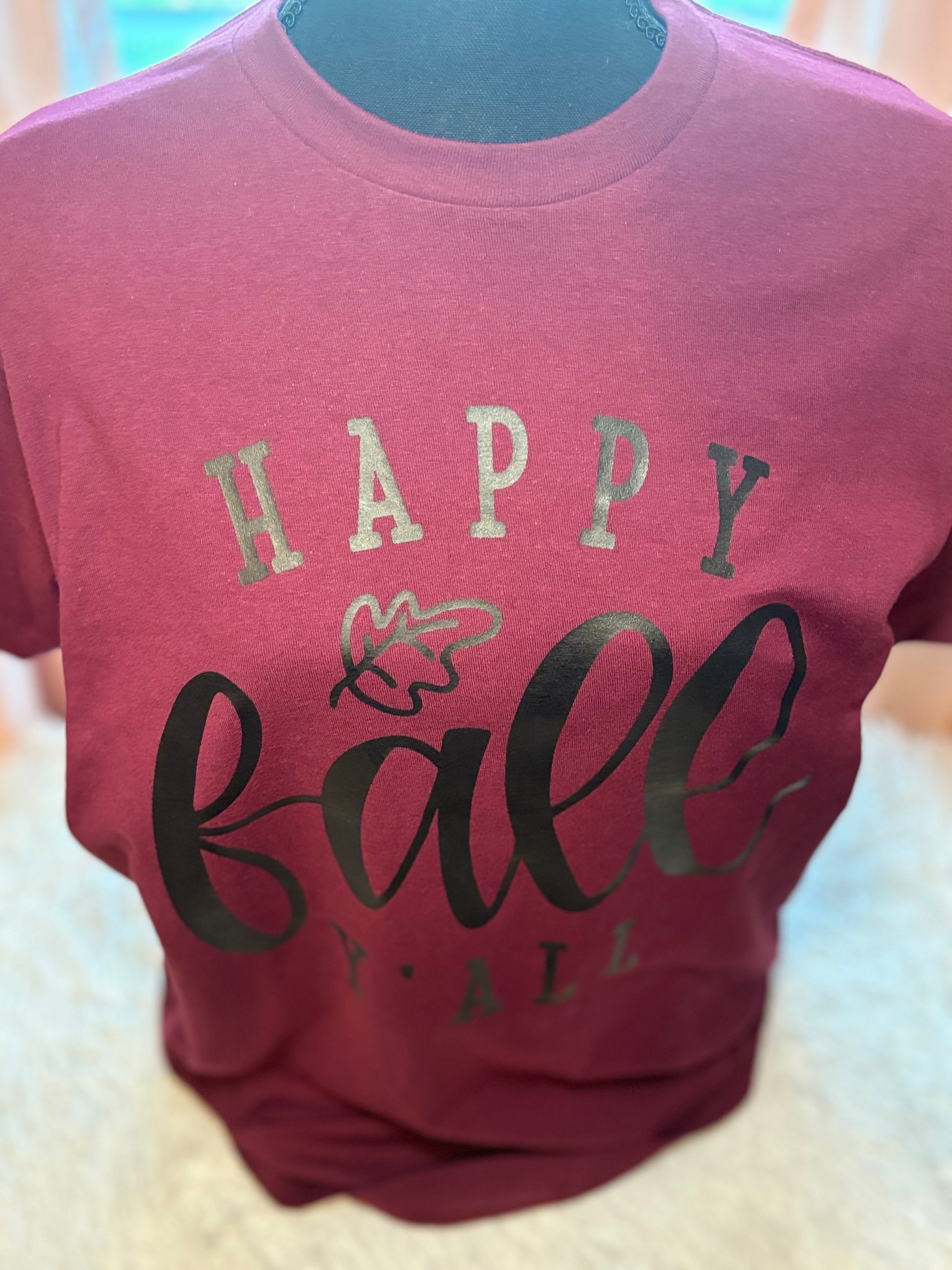 Maroon heat press t-shirt with 'Happy Fall Y'All' text in black