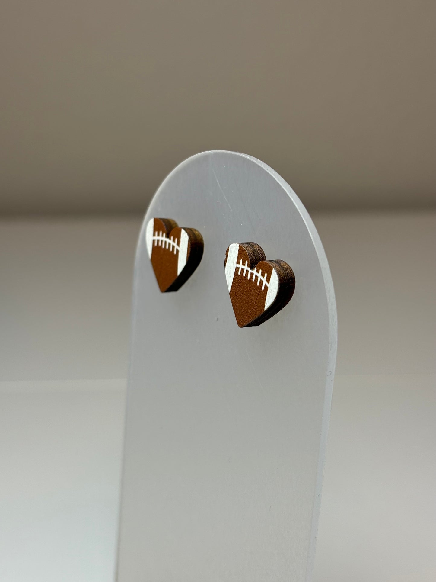 Wooden Heart Shaped Football Earrings