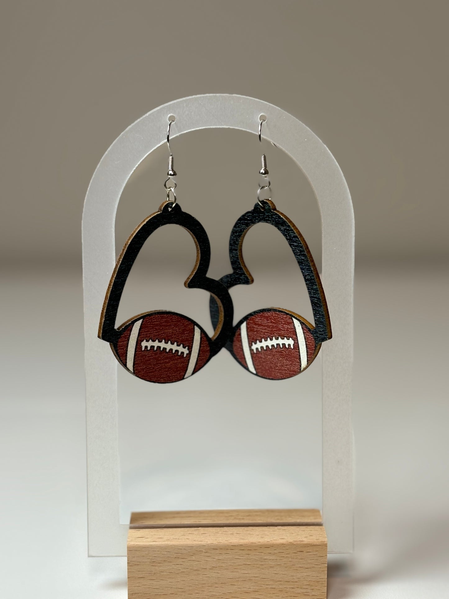 Wooden Hollow Heart Football Earrings