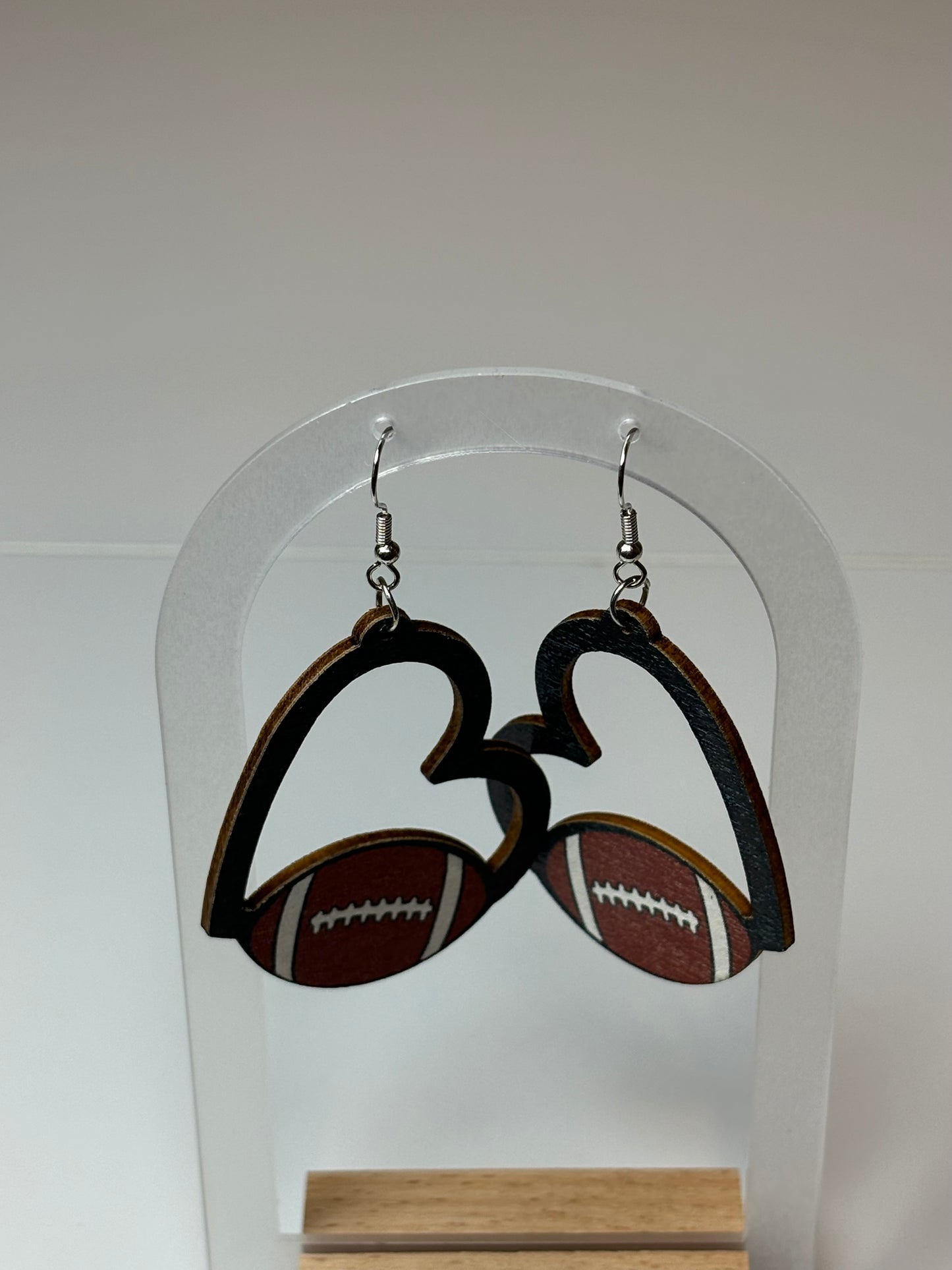 Wooden Hollow Heart Football Earrings
