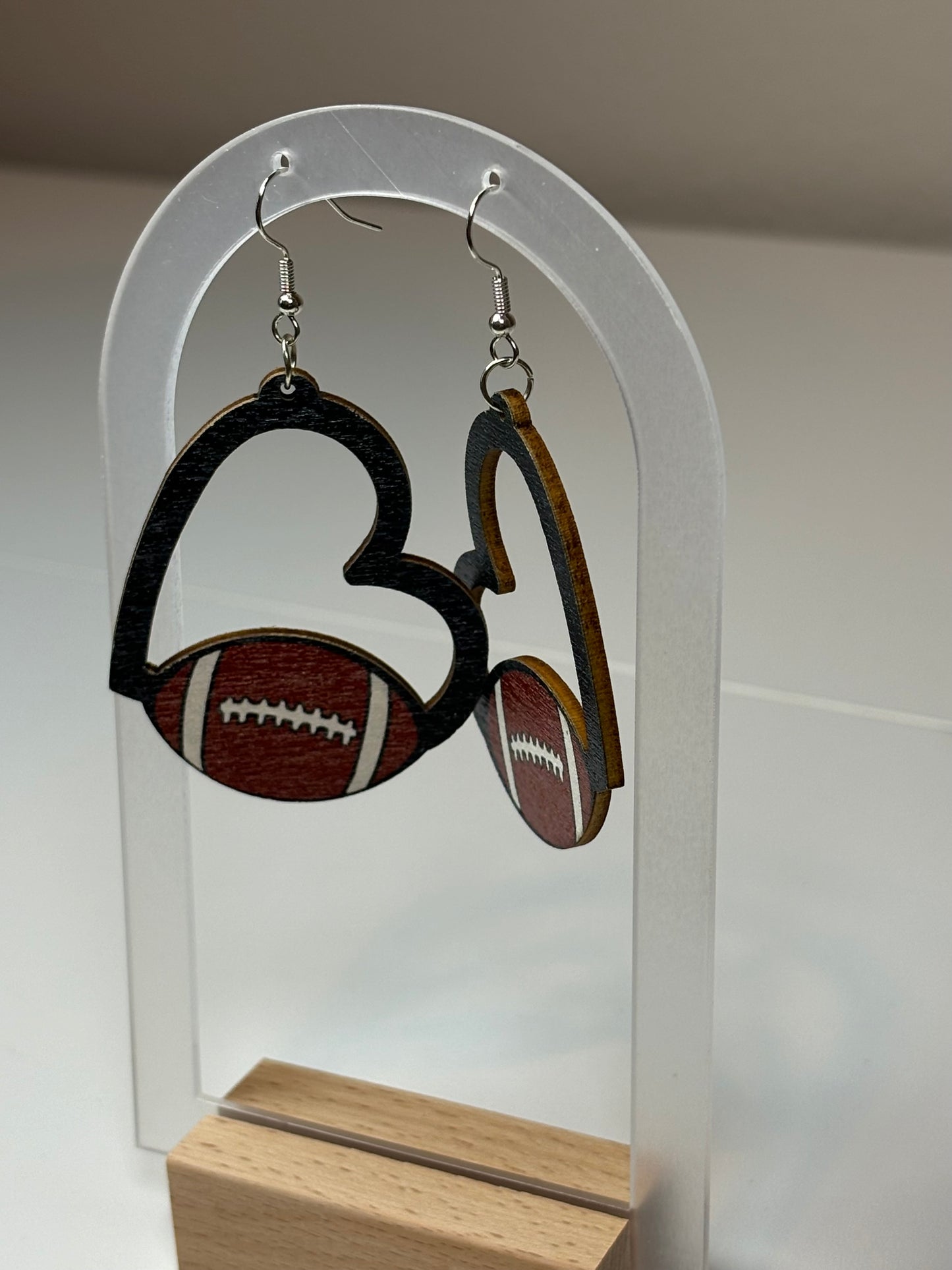 Wooden Hollow Heart Football Earrings