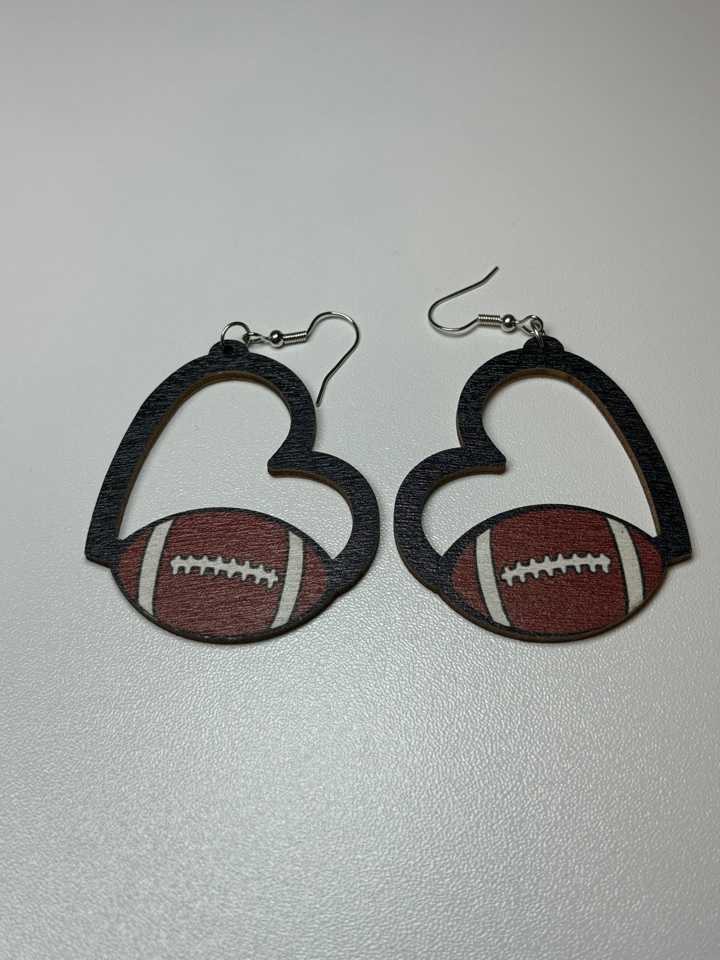 Wooden Hollow Heart Football Earrings