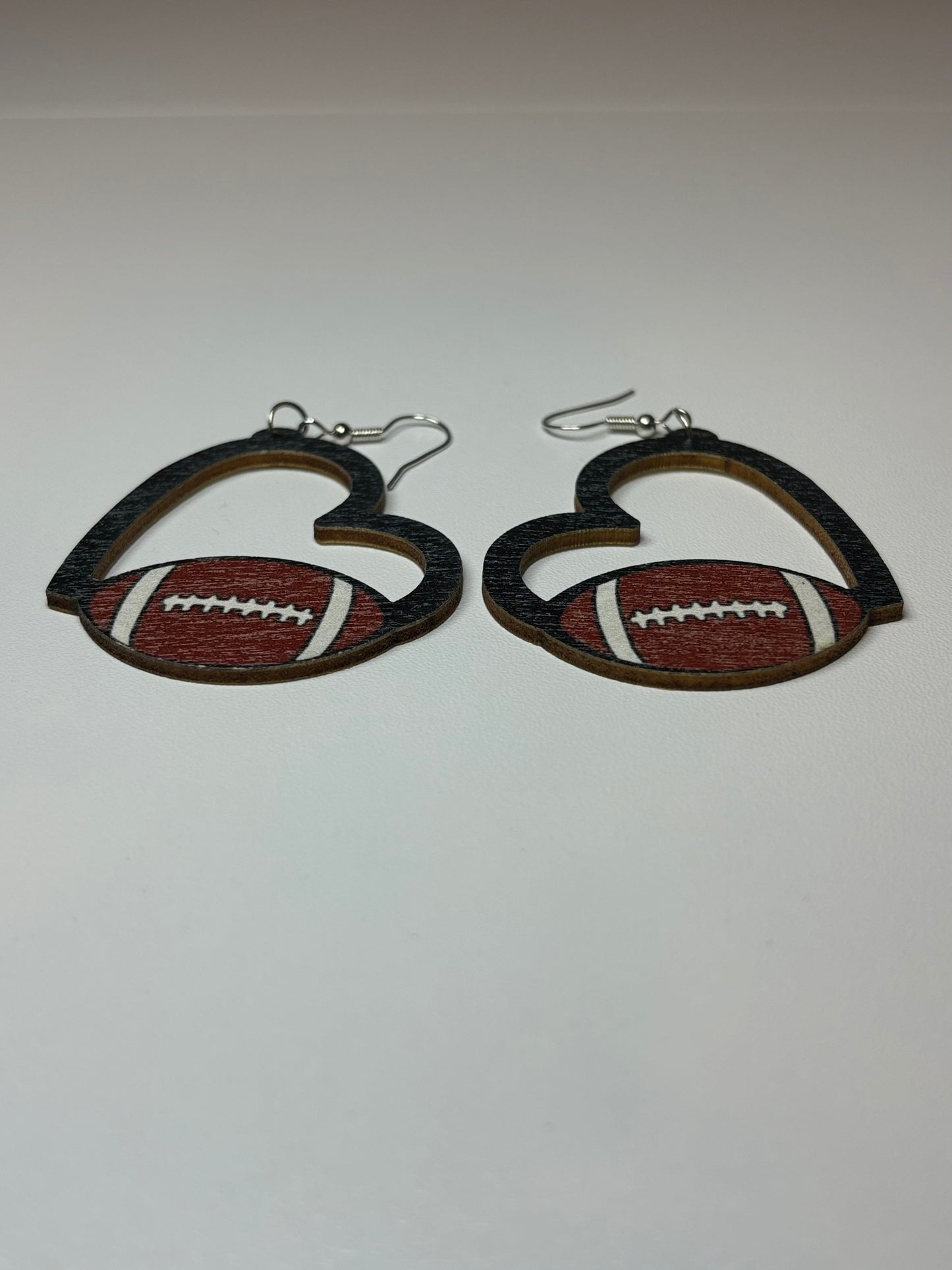 Wooden Hollow Heart Football Earrings