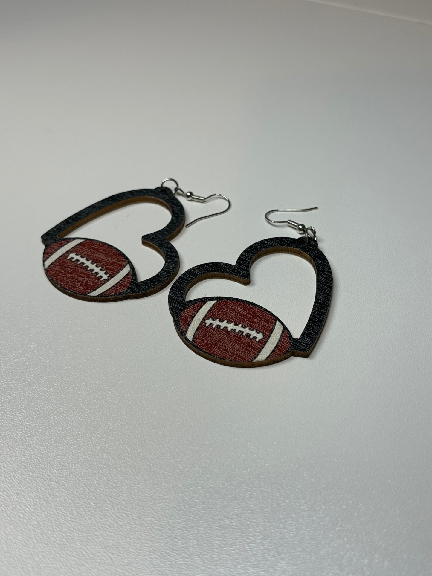Wooden Hollow Heart Football Earrings