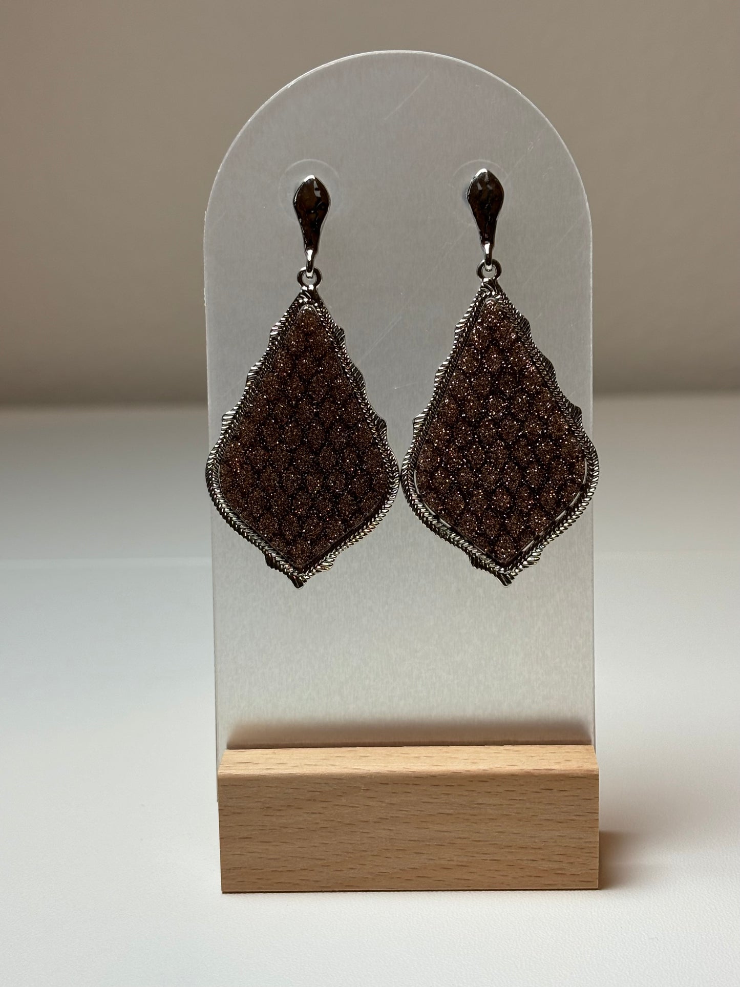 Light Brown Silver Glitter Teardrop Post-Back Earrings