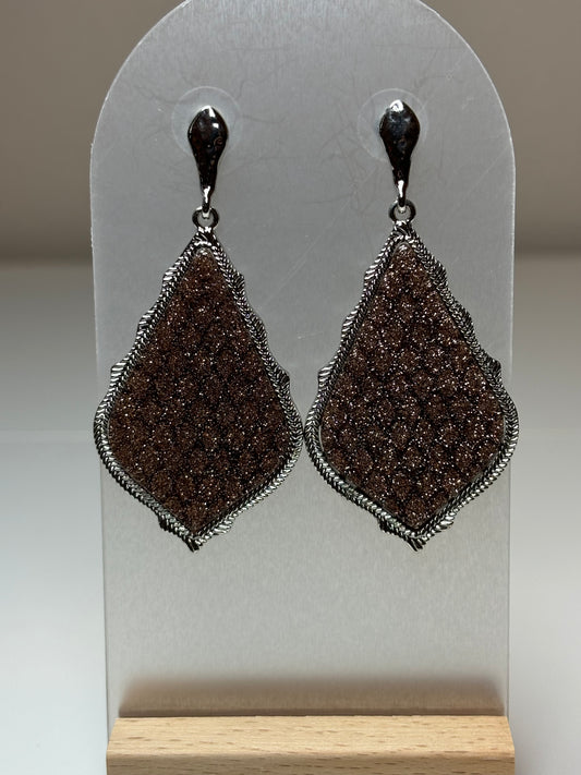 Light Brown Silver Glitter Teardrop Post-Back Earrings