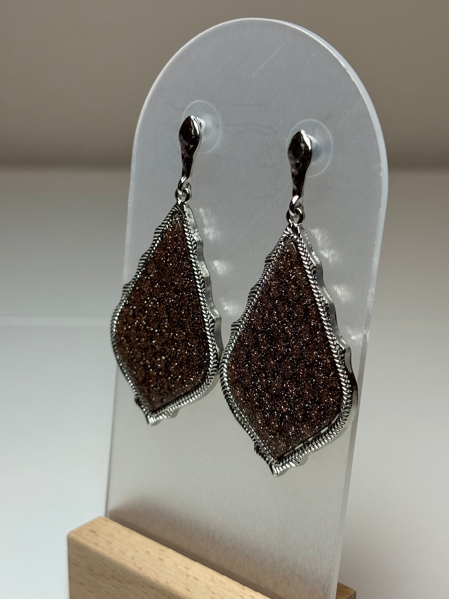 Light Brown Silver Glitter Teardrop Post-Back Earrings