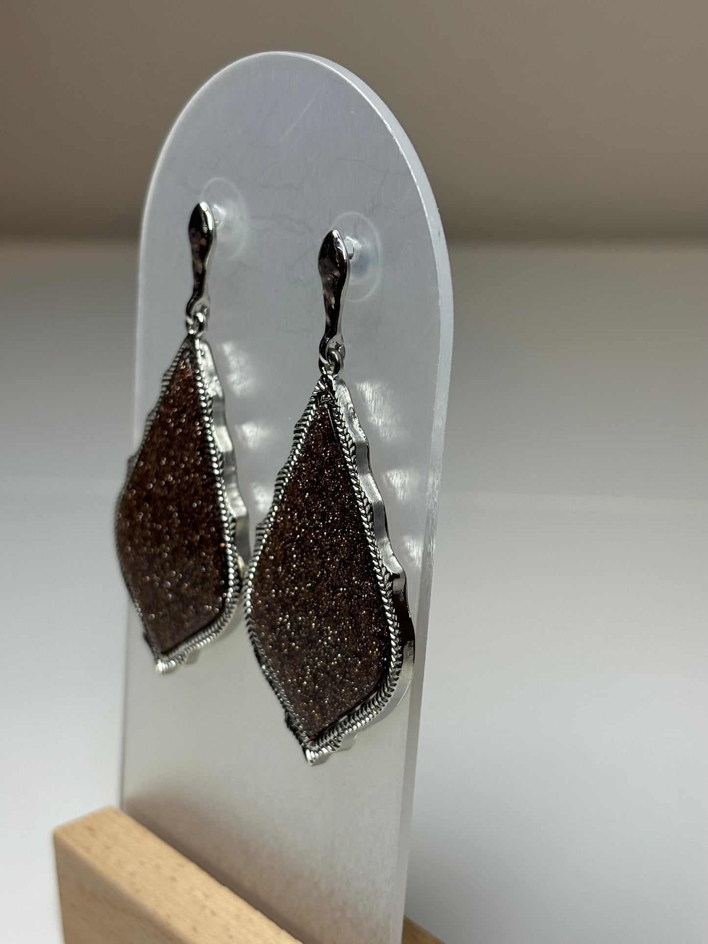 Light Brown Silver Glitter Teardrop Post-Back Earrings