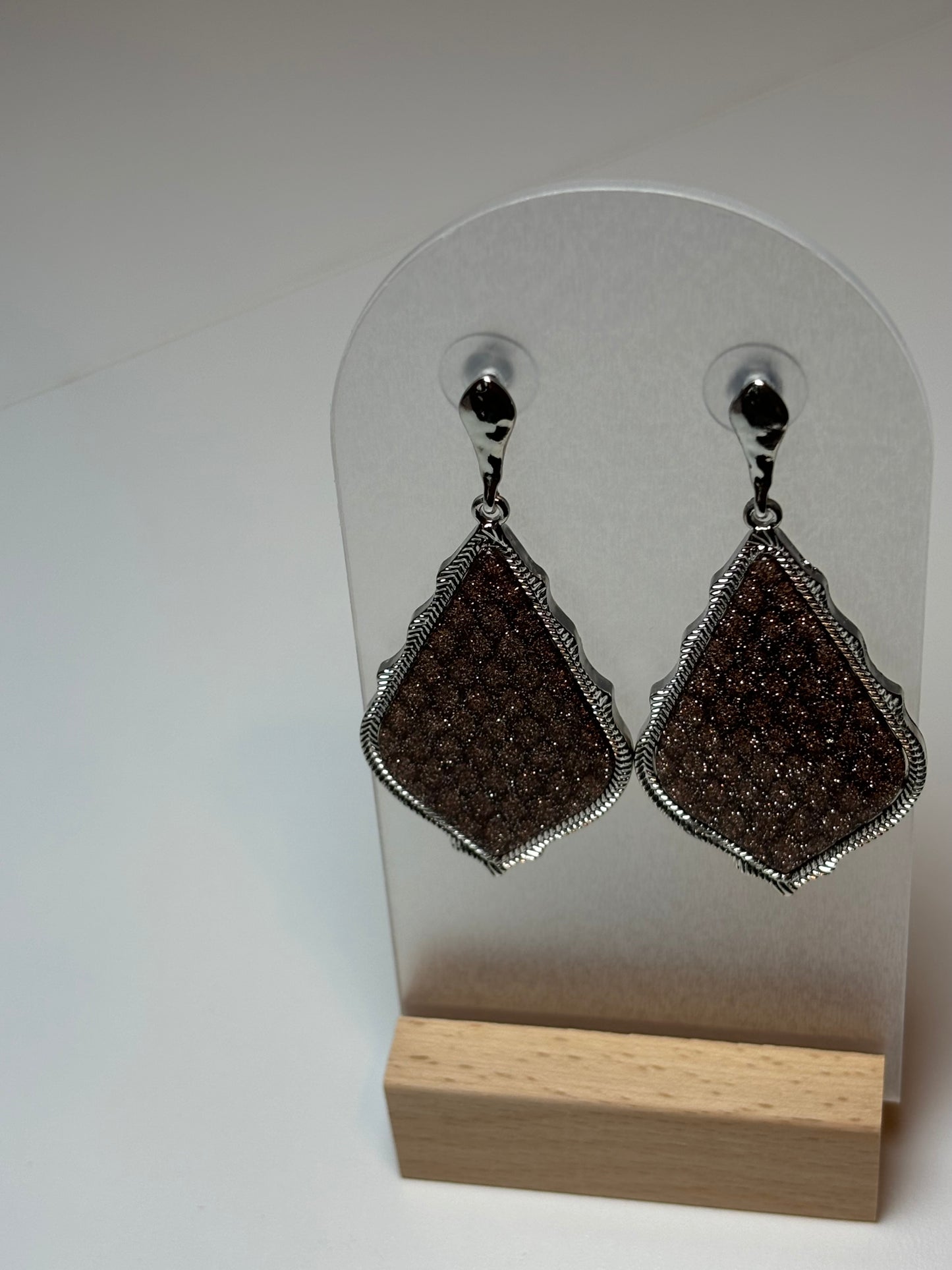 Light Brown Silver Glitter Teardrop Post-Back Earrings