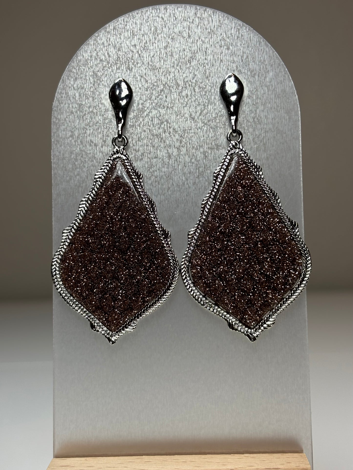 Light Brown Silver Glitter Teardrop Post-Back Earrings