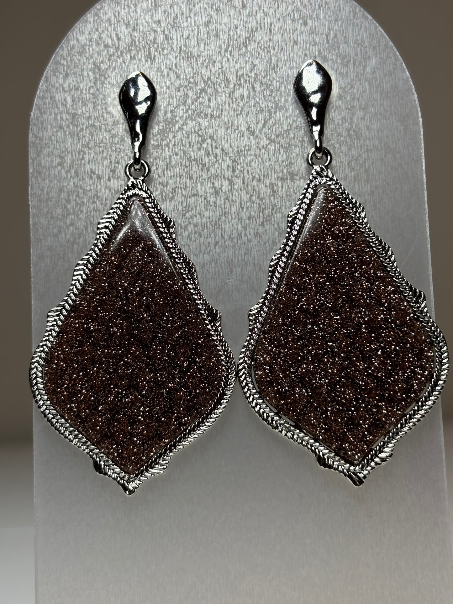 Light Brown Silver Glitter Teardrop Post-Back Earrings
