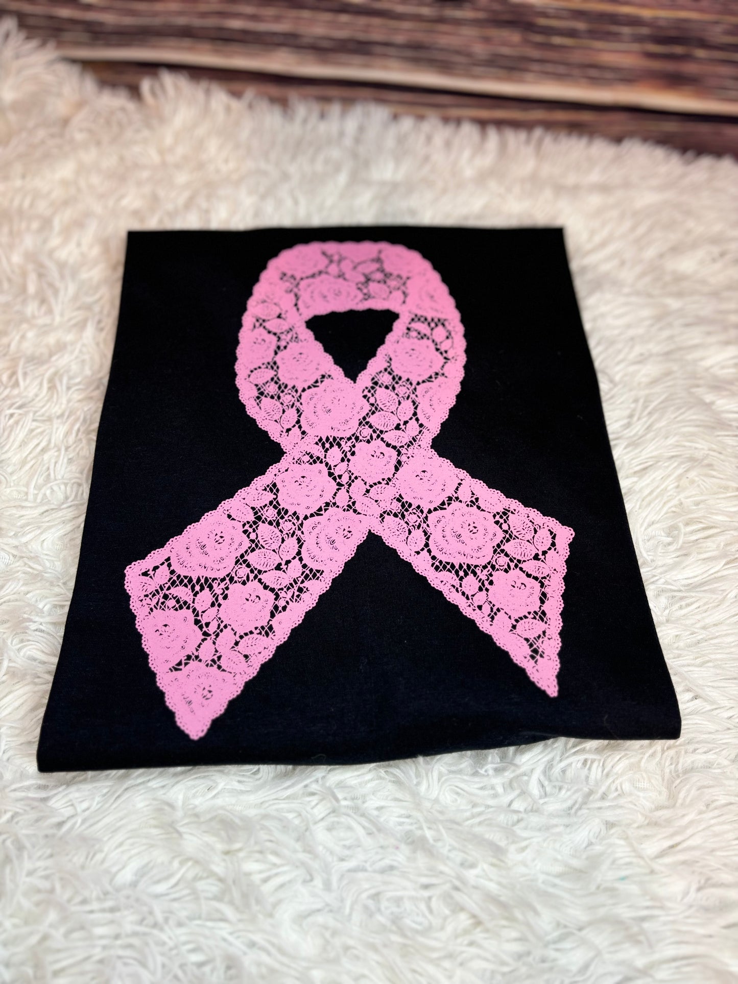 Black heat pressed t-shirt with a pink lace floral ribbon design- breast cancer awareness