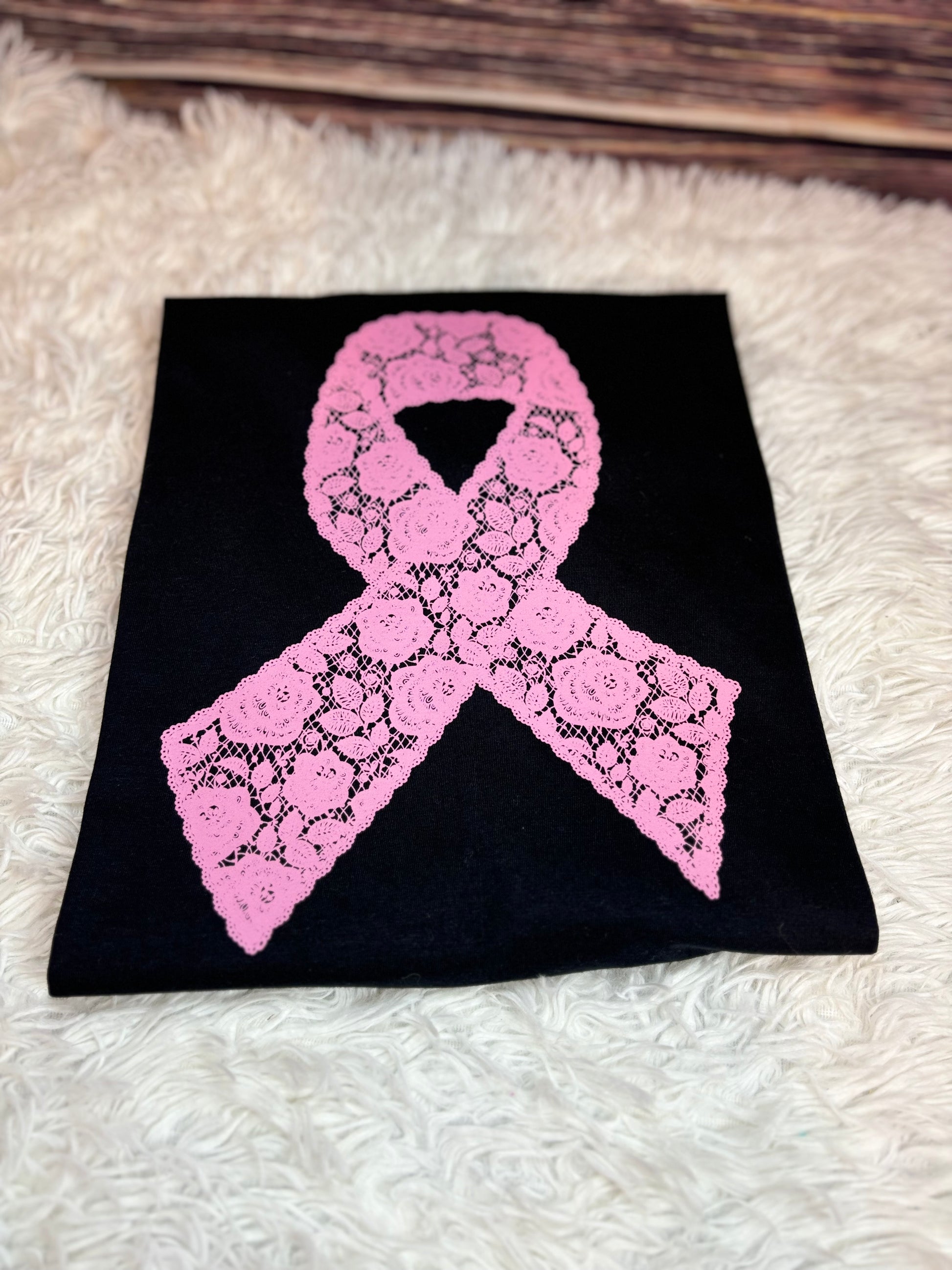 Black heat pressed t-shirt with a pink lace floral ribbon design- breast cancer awareness