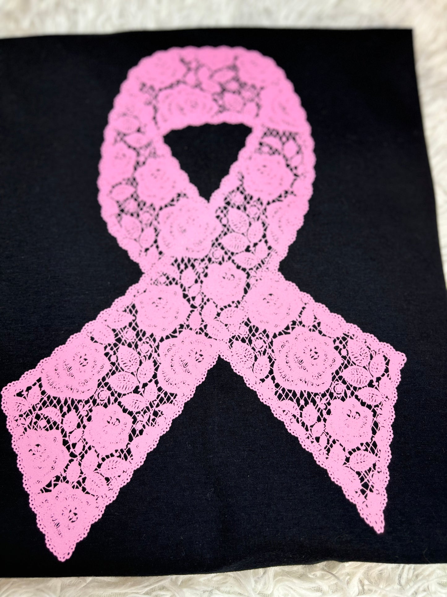 Black heat pressed t-shirt with a pink lace floral ribbon design- breast cancer awareness