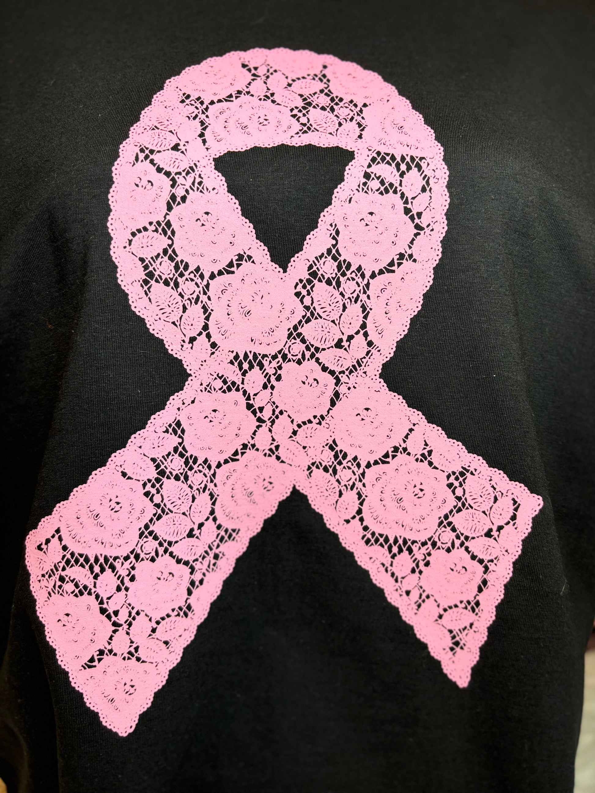 Black heat pressed t-shirt with a pink lace floral ribbon design- breast cancer awareness
