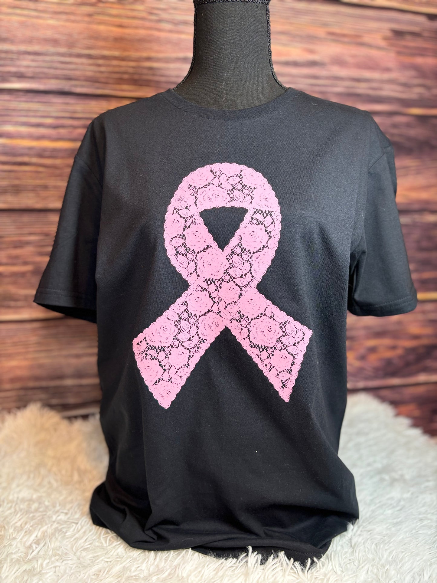 Black heat pressed t-shirt with a pink lace floral ribbon design- breast cancer awareness