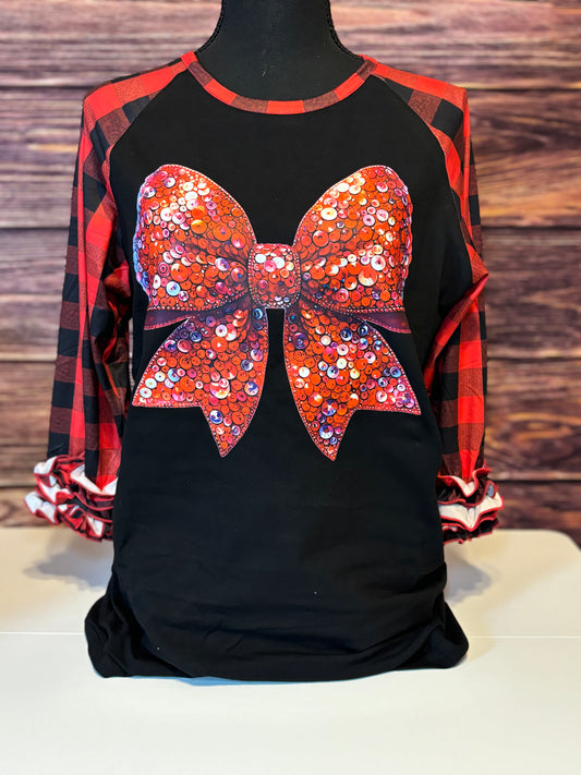 Faux Sequin 3/4 Ruffle Buffalo Plaid Valentine's Day Shirt